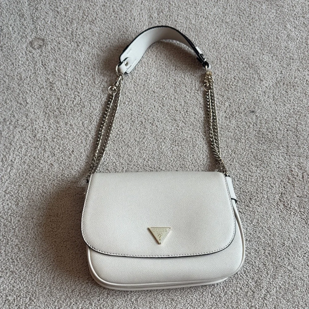 GUESS Cream Pebbled Leather Crossbody with Gold Triangle Logo